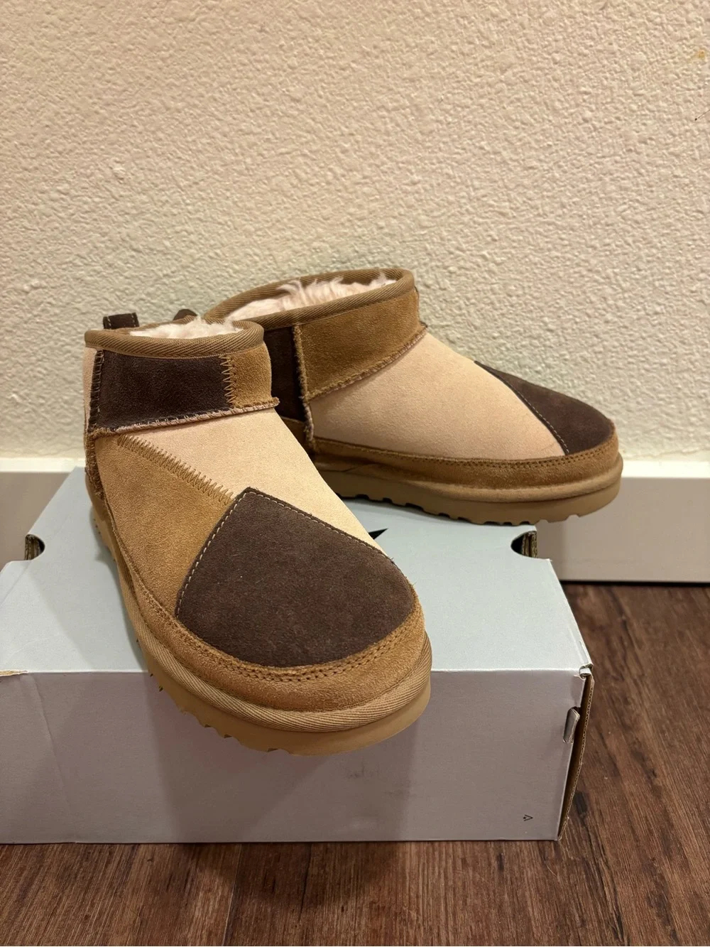 UGG Kids Patchwork Suede Slip-On Booties in Brown and Tan